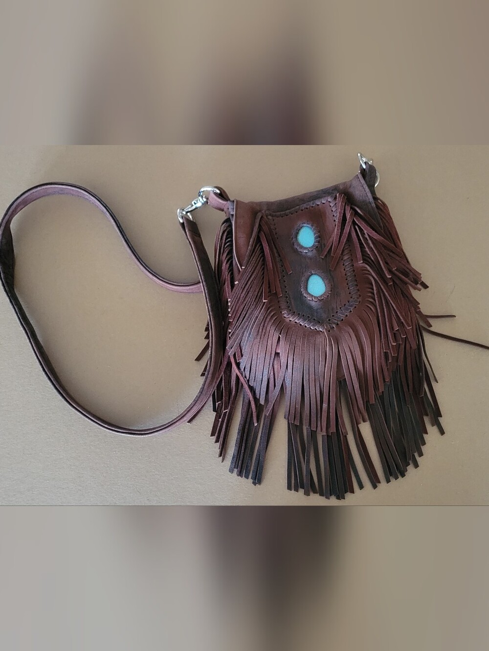 Fringed Brown Leather Crossbody Bag with Turquoise Accents - Picture 2 of 6